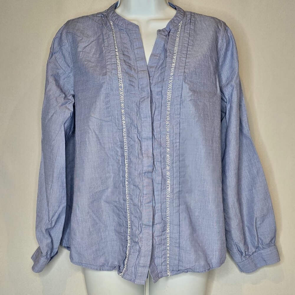 DKNY PLeated Ladder-Trim Blouse in blue, Women's M, NWOT